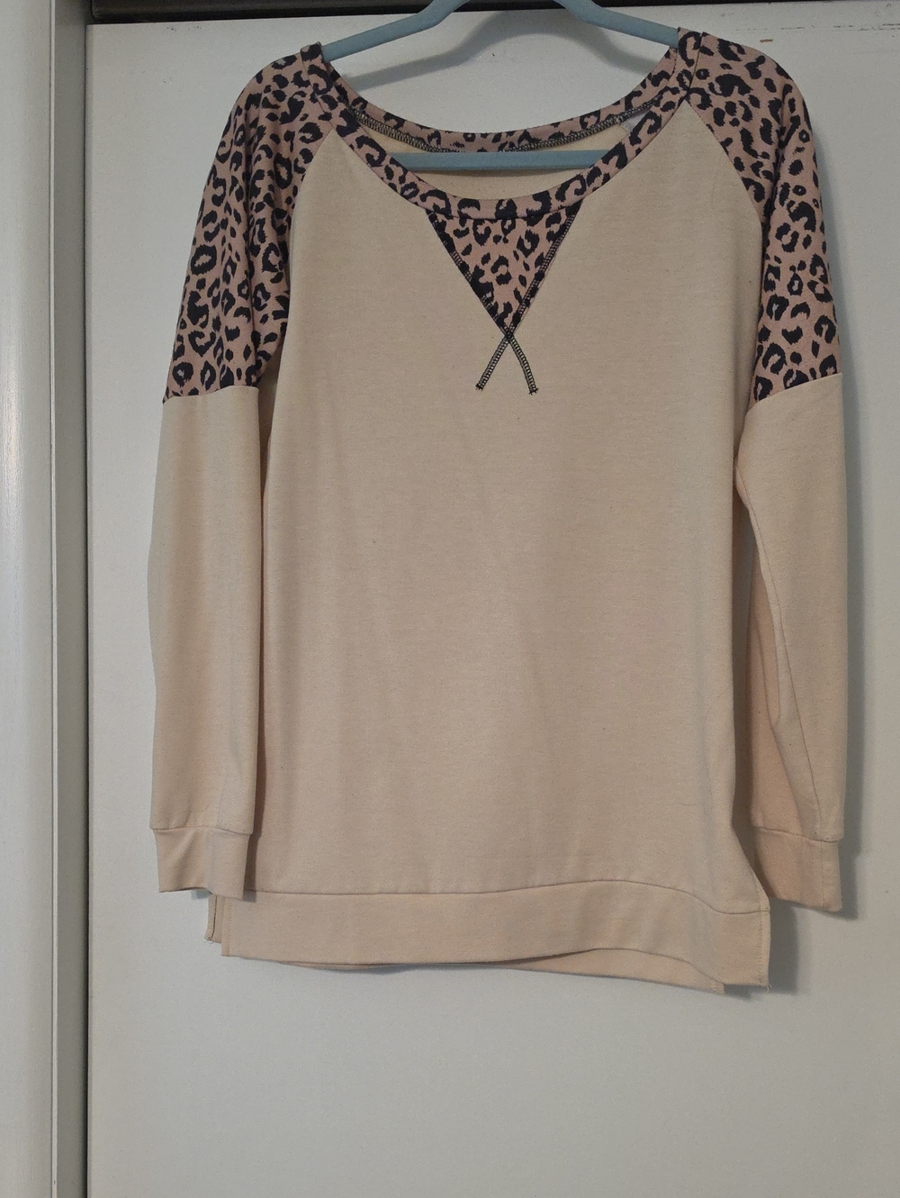 Leopard Accent Cream Raglan Long Sleeve Top